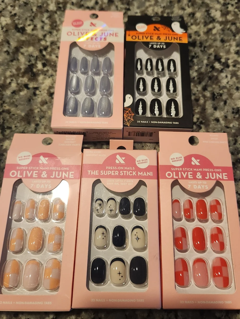 New In Box Olive & June Press-On Nail 5 Sets Of Nails Checkered Cat Eye Stars
